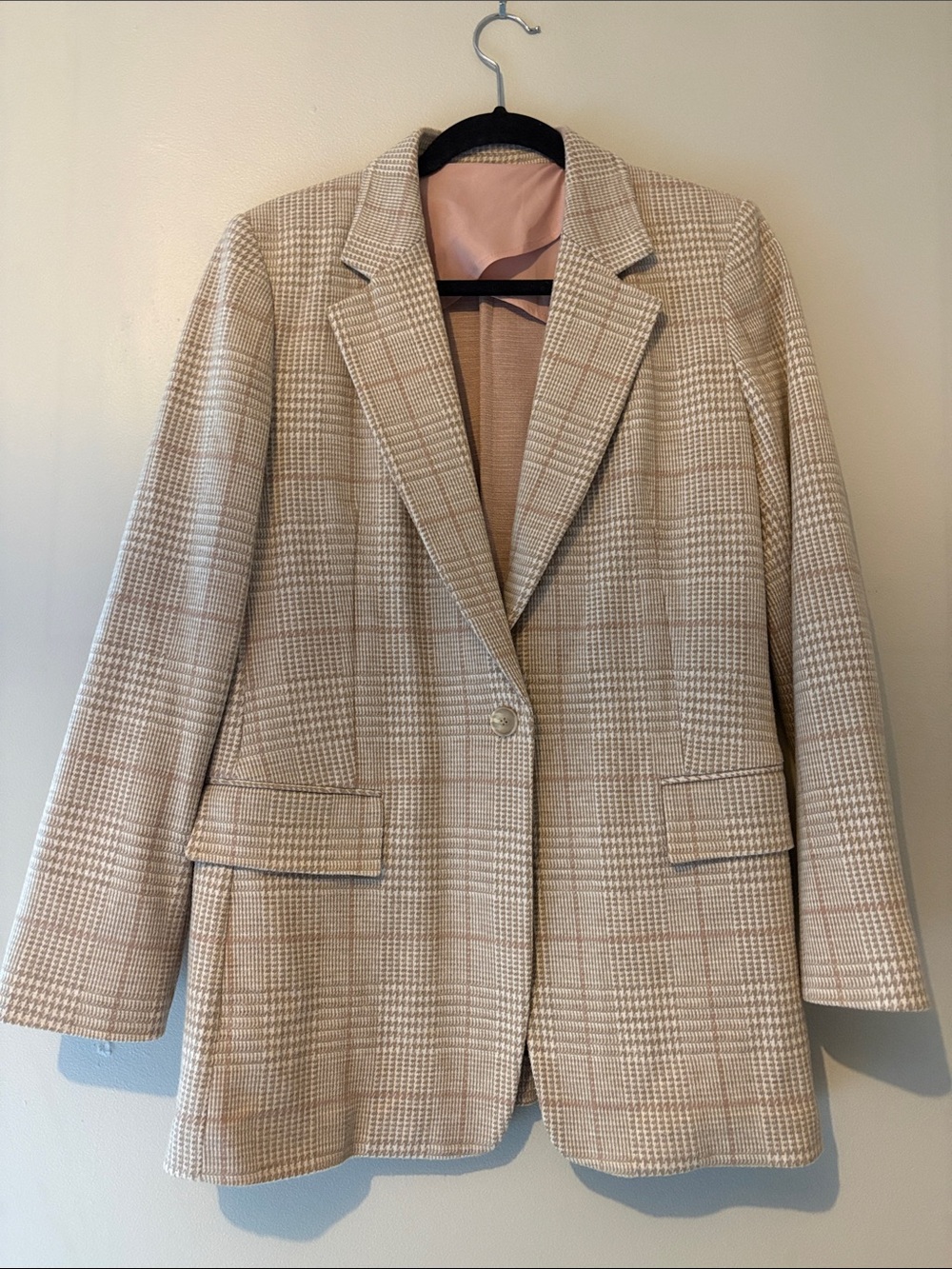 Massimo Dutti Beige Plaid Single-Button Blazer